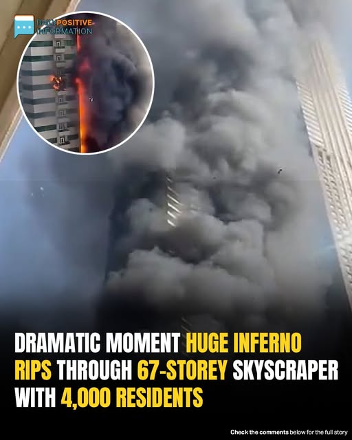 A massive inferno tore through a Dubai skyscraper, sending debris raining from the sky 🔥🏙️ Panicked residents were seen screaming and running for their lives 😱🏃‍♂️ The video footage looks like a scene from a disaster movie… Full details in the comments.