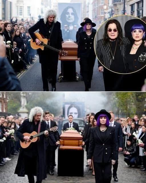This morning, July 25, at the foggy Highgate Cemetery in London, the moment of Ozzy Osbourne’s memorial became something no one could forget. Brian May — the legendary guitarist of Queen — suddenly appeared in silence, just a few minutes before Ozzy’s coffin was carried to its final resting place. He wore a long black coat, his silver hair fell over his shoulders, and held in his hands the old wooden guitar that had accompanied him through decades of stage memories. And when his fingers began to strum the first melody of “Mama, I’m Coming Home,” the air seemed to freeze. On both sides of the road, hundreds of people dressed in black lined up, holding branches of white flowers. Some cried silently. Some knelt, placing their hands on their hearts as the coffin passed by. Others reached out — as if to touch the rebellious spirit one last time. Beside the coffin was Ozzy’s daughter — a young girl with short, purple hair full of personality, her face pale with grief. She didn’t say a word, just placed a hand gently on the coffin lid the whole way. Her tears fell silently, but made everyone around her eyes red… VIDEO BELOW 👇