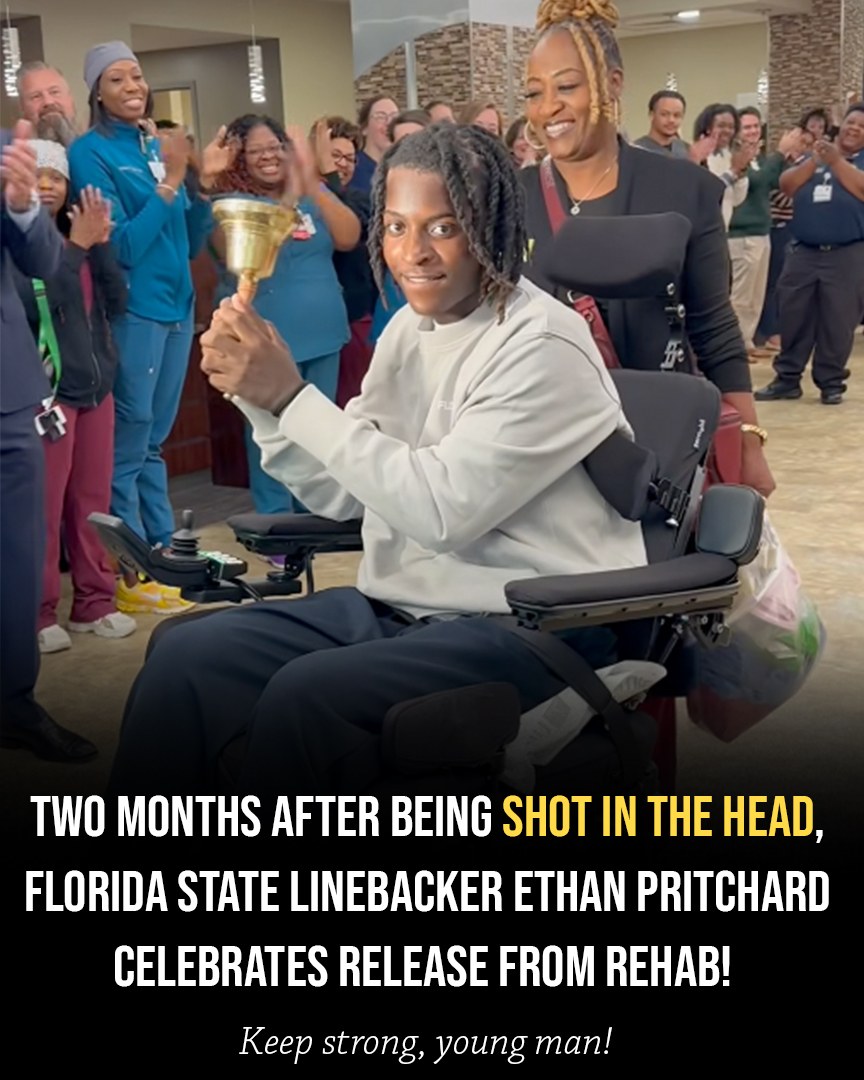TWO MONTHS AFTER A GUNSHOT TO THE HEAD… HE RANG THE DISCHARGE BELL 🙌🔥 Ethan Pritchard walked out of rehab smiling — a living miracle. May God bless him with strength, healing, and a full recovery! 🙏💛📸👇