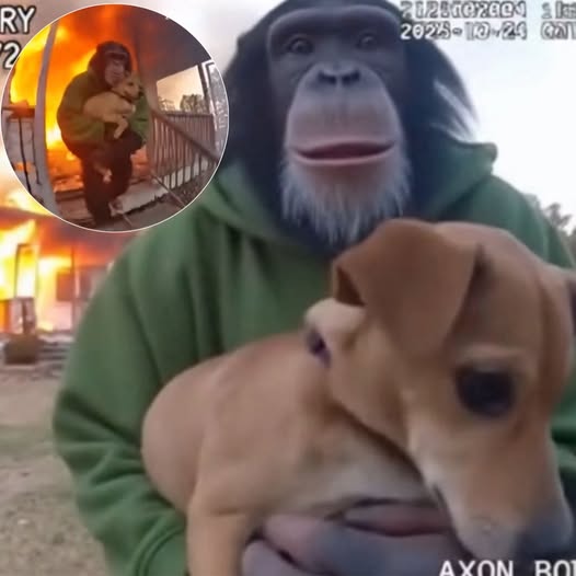Chimpanzee Saves His Best Friend from Fire 🐒🐶 In Gainesville, Florida, a heroic chimp ran through thick smoke — clutching his dog in his arms — after their home caught fire. 💔 Firefighters said his favorite hoodie may have saved them both. A friendship so pure… it even survived the flames. ❤️‍🔥 👉 Read the full story in the first comment 👇