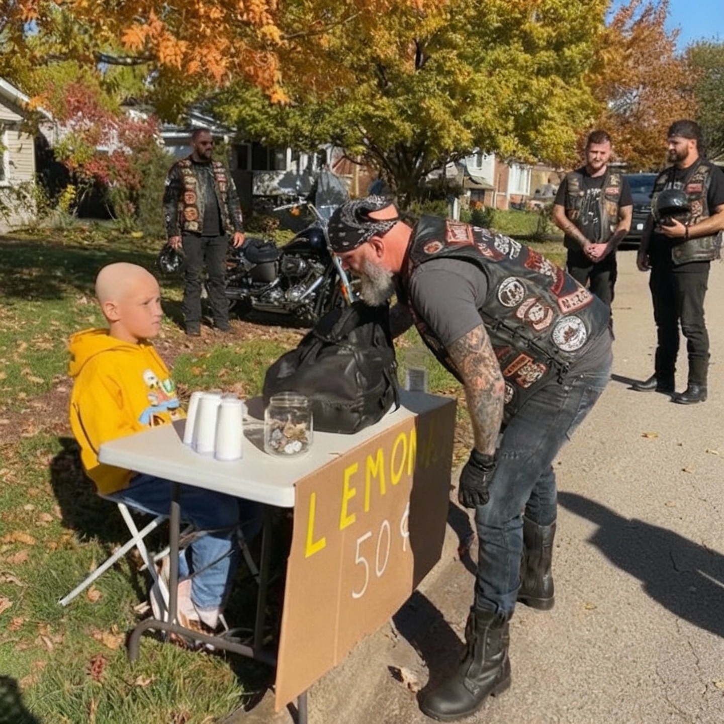 A 7-year-old’s empty lemonade stand went unnoticed all day… until a group of bikers spotted the hidden message under his sign — what happened next shocked the whole neighborhood. Full story continues in the first comment 👇