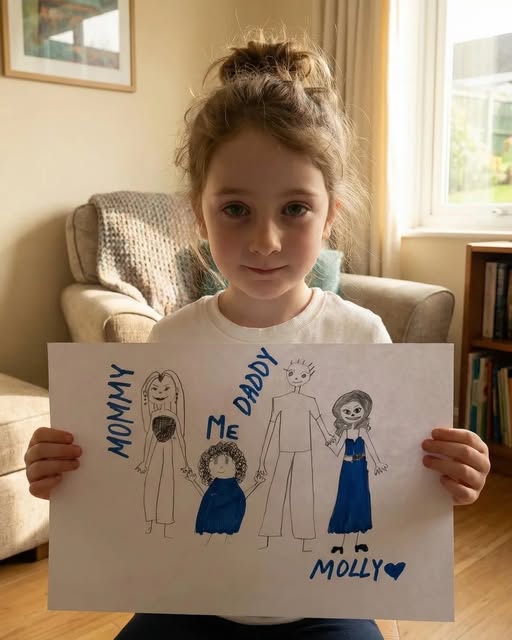 My daughter’s preschool teacher pulled me aside after pickup and said, “I don’t want to overstep… but I think YOU NEED TO SEE THIS.” Then she handed me my daughter’s picture. Four stick figures. Me. My husband. My daughter. And another woman—drawn taller than me, with long hair and a bright blue dress. A huge smile. My daughter had even written her name in big, confident letters: MOLLY — with a big “💙.” The teacher lowered her voice. “She talks about Molly a lot. Not casually—like she’s part of her life. I just didn’t want you blindsided.” That night, I waited until my daughter was curled under her Christmas blanket, and I asked as casually as I could, “Sweetheart… who’s Molly?” She didn’t even hesitate. “Oh! Molly is DADDY’S FRIEND. We see her on Saturdays.” My stomach dropped. “Saturdays… when?” “When you go to work.” She yawned like this was old news. “We go to the arcade sometimes. Molly is really pretty and nice. She smells soooo good.” I just stared at her, trying to keep my face calm while my insides turned to ice. “How long have you been seeing her?” She counted on her fingers. “Since you started your new job. A loooong time.” The same six months I’d been working weekends—not because I wanted to miss pancakes and park days, but because I was trying to keep our family afloat. When my husband walked in later, I didn’t say a word. I kissed him, smiled, and went through the motions like my world hadn’t cracked in half. I was FED UP, but decided to play smarter, not louder. By morning, I knew exactly what I was going to do this Saturday. ⬇️