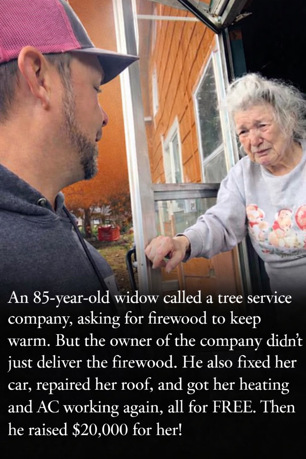 When an 85-year-old widow requested firewood to keep warm, Paul Brittain of a tree service company didn’t hesitate. He gave it for free — and then repaired her car, fixed her roof, serviced her HVAC, and raised $20,000 for her on GoFundMe. ❤️ (Check In First comment👇)