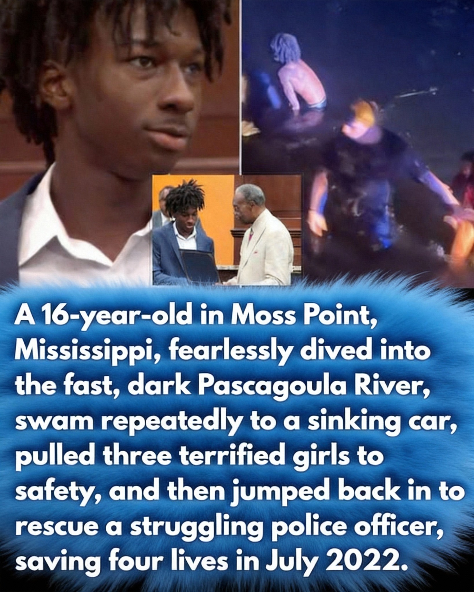 16-Year-Old Saves Three Girls — Then Jumps Back In to Save a Police Officer After a car plunged into a Mississippi river, a teenage boy didn’t hesitate. He jumped into the water again and again, saving three girls — and later a struggling police officer. True heroism has no age. 👇 Full story